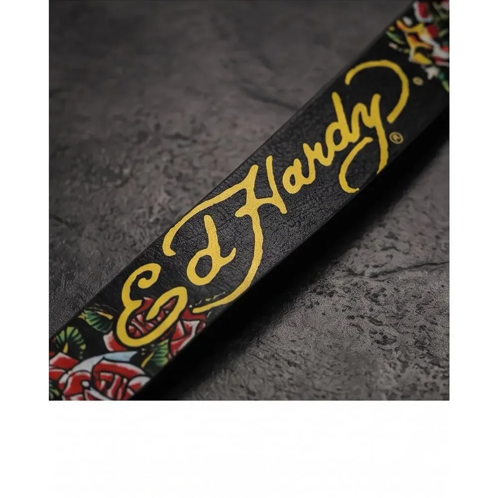 Ed Hardy Skulls & Roses Printed Black Belt With Rivet Studs Mens Size 40